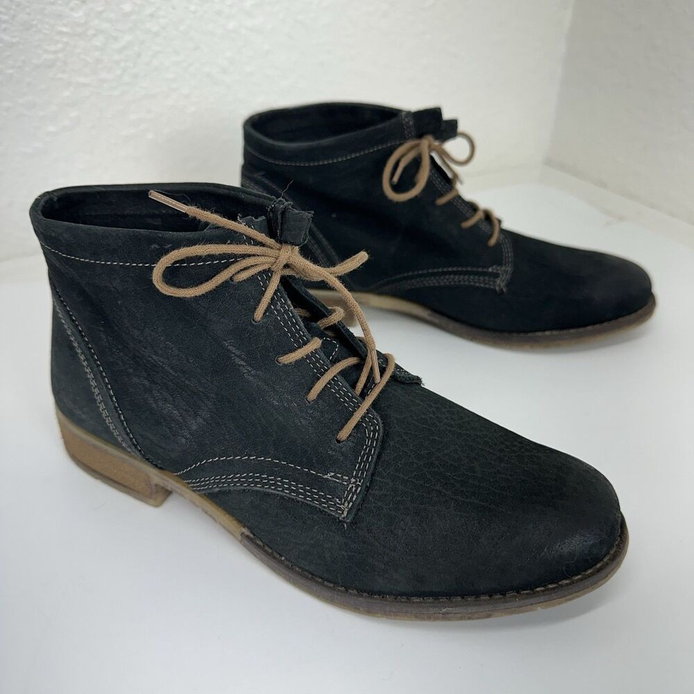 Josef Seibel Ankle Boot 38 Black Leather Chic Comfy Lace Up Casual Grunge 7.5